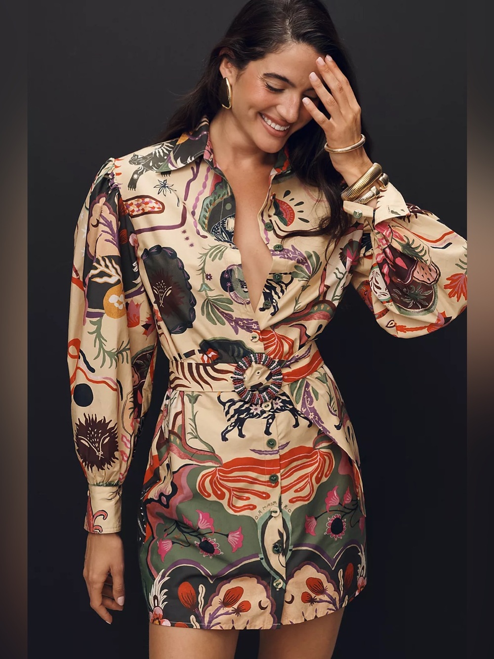 NWT Farm Rio Surreal Print Belted Long Sleeve Mini Dress Size S